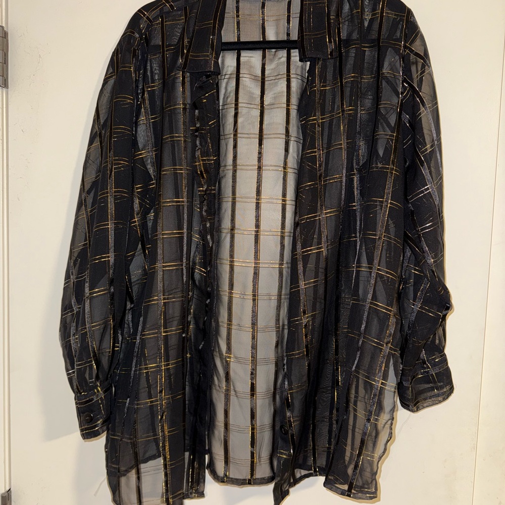 Sheer Black and Gold Plaid Shirt -90s